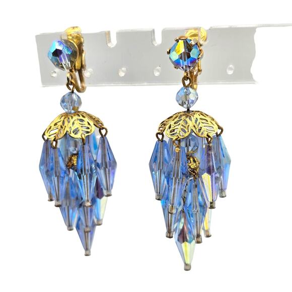 Vintage Aurora Borealis Earrings Chandelier Clip On Gold Tone Bridal Light Blue - Picture 1 of 9